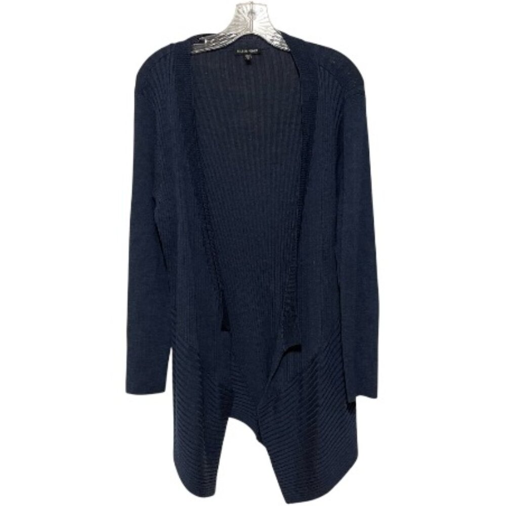 Eileen Fisher XL Blue Ribbed Open Front Asymmetrical Merino Wool Sweater EUC - Picture 2 of 6